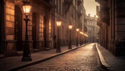 Old town narrow cobblestone footpath illuminated by street lanterns generated by AI