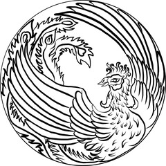 Beautiful line art of Phoenix for tattoo design on background.Phoenix vector for printing on shirt.Golden vector illustration for doodle art and coloring book on white isolated background.