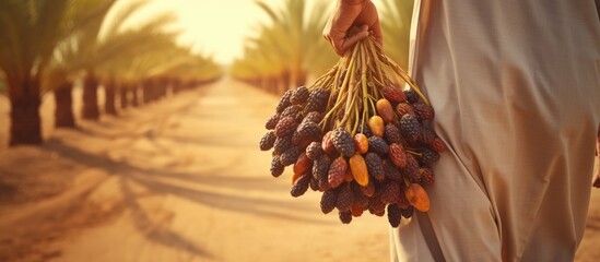 Arab farmer leaves farm carrying sweet and tasty Date palm bunches With copyspace for text - obrazy, fototapety, plakaty