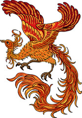 Beautiful line art of Phoenix for tattoo design on background.Phoenix vector for printing on shirt.Golden vector illustration for doodle art and coloring book on white isolated background.