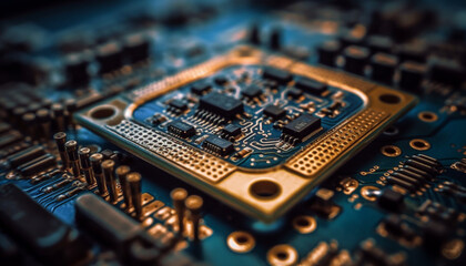 Abstract circuit board pattern showcases complexity of semiconductor technology generated by AI