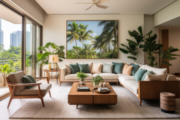 Immerse yourself in the exquisite living room interior of a serene oasis - a tropical paradise brimming with lush, vibrant tropical plants, cozy ambiance, and natural light