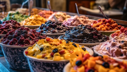 Fototapeta premium A colorful gourmet dessert plate with a variety of sweet treats generated by AI