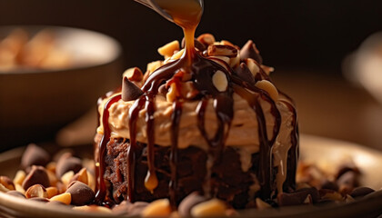 Indulgent homemade chocolate fudge stack with whipped cream and syrup generated by AI