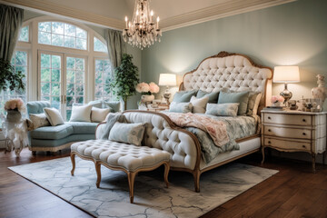 Step into a romantic and luxurious French Provincial bedroom interior, adorned with delicate antique furniture, soft lighting, vintage accents, and elegant wall art. - obrazy, fototapety, plakaty
