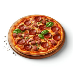 Pizza with salami and basil on white background- top view