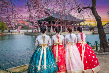 Cherry Blossom with Korean national dress at Gyeongbokgung Palace Seoul, South Korea. - 662778116