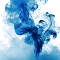 Blue smoke swirls and billows across a pristine white background, a striking contrast of colors and emotions. This enigmatic dance of azure hues against the pure canvas invokes a sense of mystique and - obrazy, fototapety, plakaty