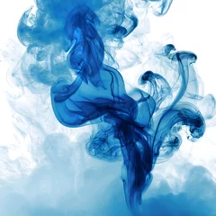 Muurstickers Blue smoke swirls and billows across a pristine white background, a striking contrast of colors and emotions. This enigmatic dance of azure hues against the pure canvas invokes a sense of mystique and © ashween