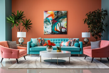 A cozy and inviting living room interior with vibrant coral and teal colors, modern furnishings, and stylish decor, creating a comfortable atmosphere with trendy accents and accessories