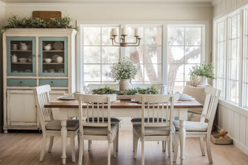 A Rustic Farmhouse Dining Room Oasis with Distressed Furniture and Vintage Accents, Creating a Cozy Ambiance with Antique Decor and Worn-Out Look.