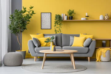 A Cozy and Modern Living Room Interior in Yellow and Gray Colors featuring Stylish Furniture, Natural Lighting, and Contemporary Accents.