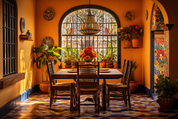 Fototapeta na wymiar A Vibrant and Intricately Patterned Traditional Mexican Dining Room Interior, Adorned with Handcrafted Details, Cultural Decor, and Colorful Furniture, Exuding a Festive Atmosphere