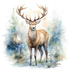 A majestic stag with expansive antlers stands gracefully in a serene watercolor forest
