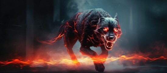 Blurred demonic beast with red glowing eyes representing evil and fear With copyspace for text - obrazy, fototapety, plakaty