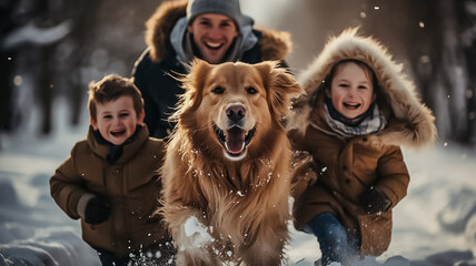 Happy family walking their pet golden retriever in the winter forest outdoors. Active Christmas holidays. Design ai - obrazy, fototapety, plakaty