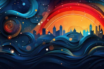 abstract background with wave and city.  Abstract banner for New Year 's Eve