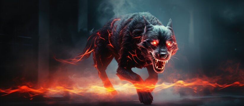 Blurred demonic beast with red glowing eyes representing evil and fear With copyspace for text
