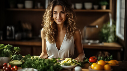 Portrait of a young beautiful woman who eats healthy food for breakfast. Proper nutrition Design ai - obrazy, fototapety, plakaty