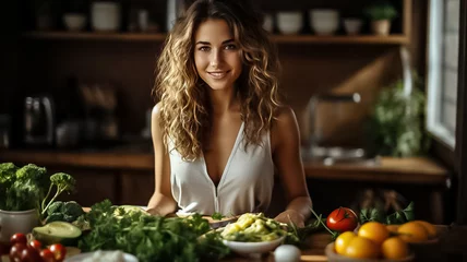 Rolgordijnen Portrait of a young beautiful woman who eats healthy food for breakfast. Proper nutrition Design ai © Shubby Studio