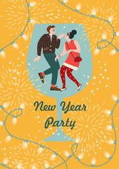 Christmas and Happy New Year illustration of dance party. Trendy retro style. Vector design