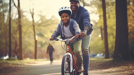 father teaching son how to ride a bike - obrazy, fototapety, plakaty