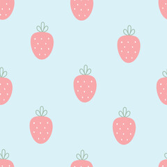 Fototapeta na wymiar Baby seamless pattern pink strawberries on blue background Cute design, cartoon style. For children's clothing, wallpaper decoration