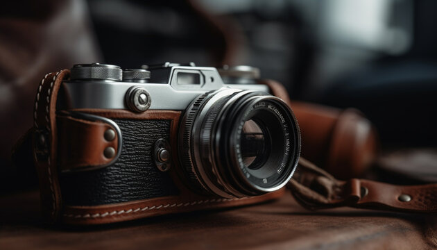 Antique SLR camera on wooden table, selective focus on foreground generated by AI