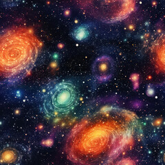 Seamless pattern with galaxy, stars and nebula. Vector illustration.