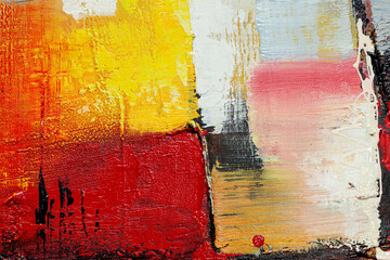Abstract detail of acrylic paints on canvas. Relief artistic background in gold, red, black and...
