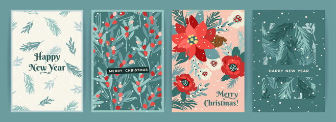 Christmas and Happy New Year cards with flowers, christmas tree, branches, leaves, berries, snowflakes. Trendy retro style. Vector design