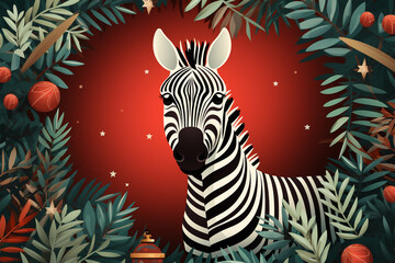 Naklejka na ściany i meble Christmas illustration of a zebra in winter