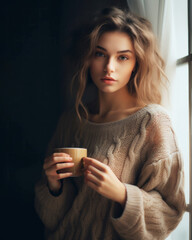 Cute female in sweater holding mug of coffee near the window
