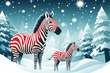 Christmas illustration of a zebra in winter