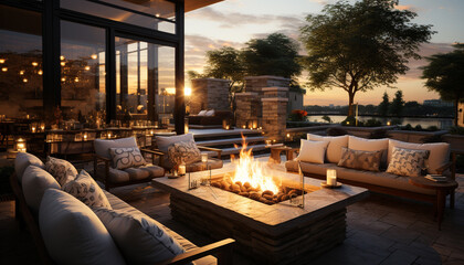 Comfortable modern living room with a burning flame, illuminated by nature sunset generated by AI