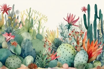 Poster Horizontal border with colorful blooming cacti and watercolor wallpaper. Greenery landscape in Mexican style, floral garden. Generative AI © Adriel