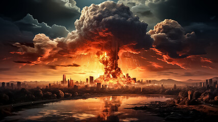 Fototapeta na wymiar Explosion of nuclear bomb in the city. end of world illustration. Nuclear war threat concept. Design ai