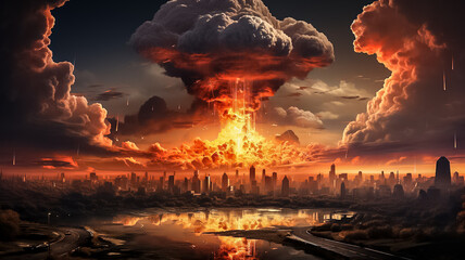 Explosion of nuclear bomb in the city. end of world illustration. Nuclear war threat concept. Design ai