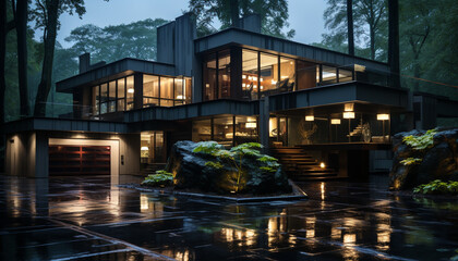Fototapeta premium Modern architecture reflects in the illuminated building exterior at dusk generated by AI