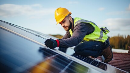 technician diligently installing solar panels on rooftop, promoting sustainable energy solutions for homes - obrazy, fototapety, plakaty