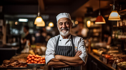 Happy Chef mature man of a Big Restaurant Crosses Arms and Smiles in a Modern Kitchen. Design ai