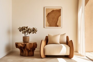contemporary living room scene with focus on cozy beige chair and wood decor, ideal for decor magazines, ai generated