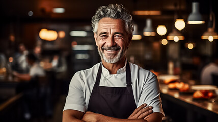 Happy Chef mature man of a Big Restaurant Crosses Arms and Smiles in a Modern Kitchen. Design ai - obrazy, fototapety, plakaty