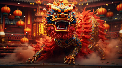 Fototapeta premium New Year celebration dragon dance, Year of the Dragon Spring Festival sculpture traditional festival illustration material