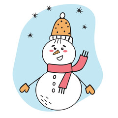 Cheerful snowman. Doodle illustration. Children s Christmas card. Hello winter