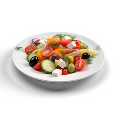 Plate of greek salad with feta cheese and olives isolated on white background