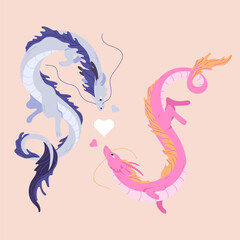 Two Chinese dragon fly around hearts. Flat vector illustration for design February calendar or Valentines day card. Romance dragons in trendy style. Symbol of New Year 2024. Traditional chinese dragon