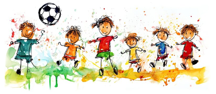 Kids using crayons to draw while participating in a game of football with their friends With copyspace for text