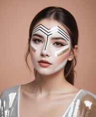 portrait of a woman with white face makeup, geometric shapes 