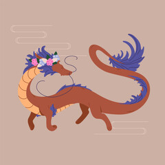 Traditional chinese long dragon symbol of 2024 New Year. Dragon with wreath of spring flowers on head flies in clouds. Vector illustration design in flat style for holiday postcard or poster.